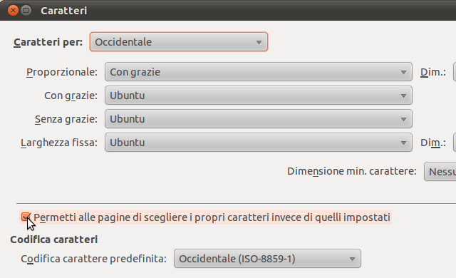 Figura 2 - Forzare la sostituzione dei font di caratteri della pagine web con l'Ubuntu font family.