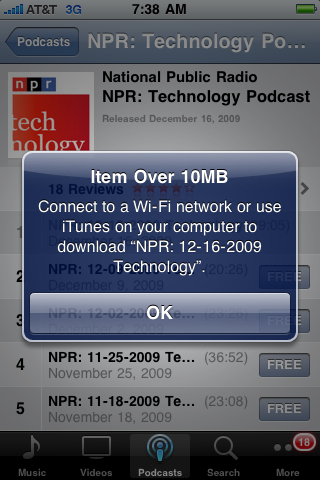 Podcast over 10 MB won't download over 3G