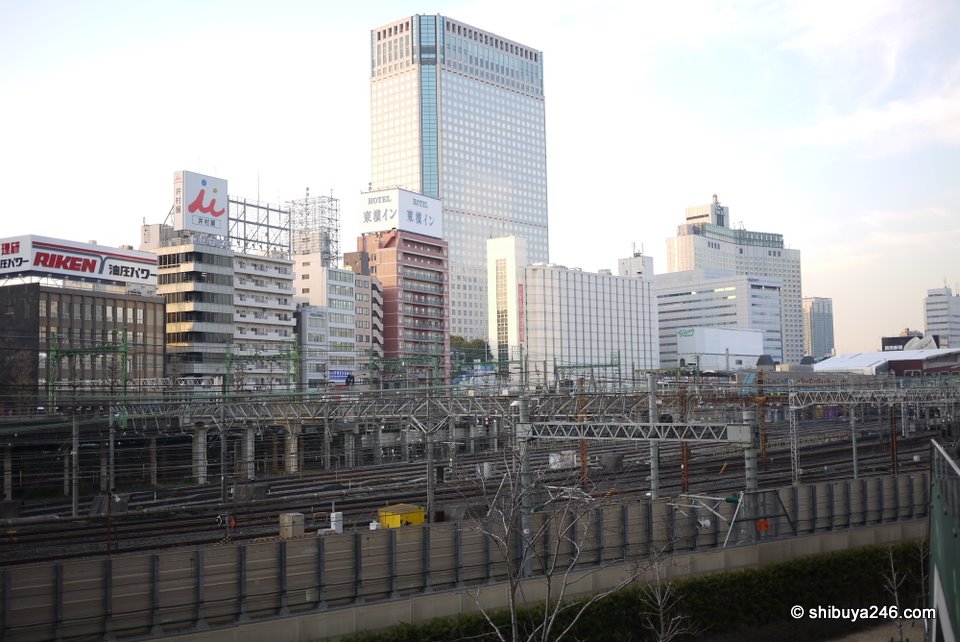 A look out across the railway lines back towards Shinagawa Station and the Takanawa Prince Hotel.