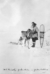 W.E. Priestley in parka with snowshoes and dogs, Yukon River