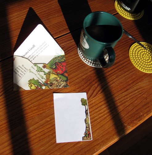 Sunny envelope-making, with coffee