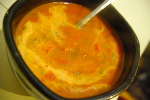 Roasted red pepper tomato soup with goat yogurt