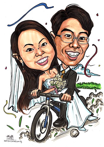 Wedding couple caricatures on bicycle A3