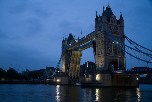 Tower Bridge at night, open