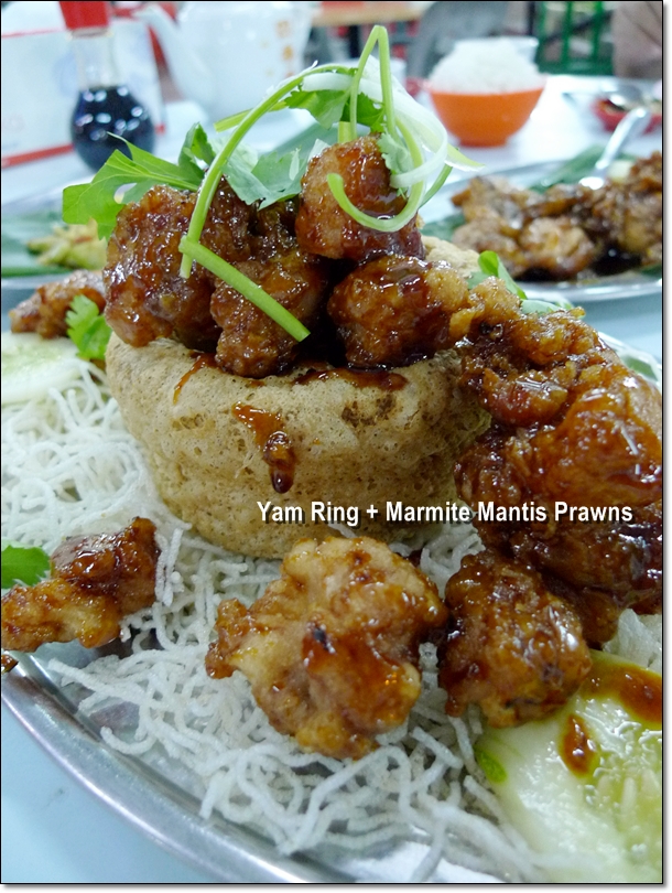 Marmite Mantis Prawns in Yam Ring