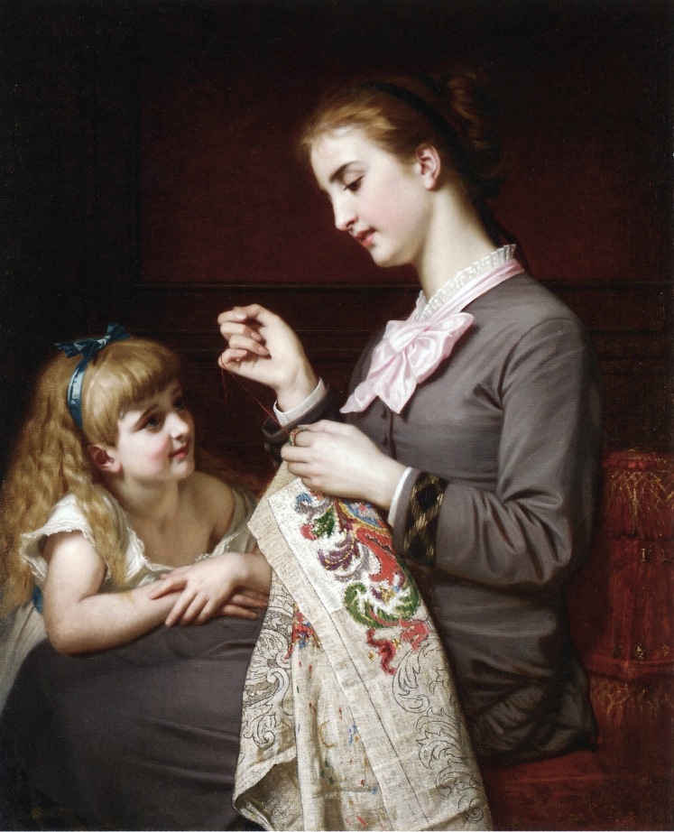 Hugues Merle (French, 1823-1881) The Embroidery Lesson (Date Unknown) Oil on canvas 39 1/4 X 31 5/8 in.