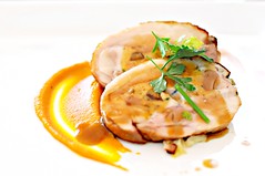 Chestnut stuffed farm chicken stuffed with chestnut served with carrot puree, cabbage, bacon and thyme jus, The White Rabbit, Dempsey