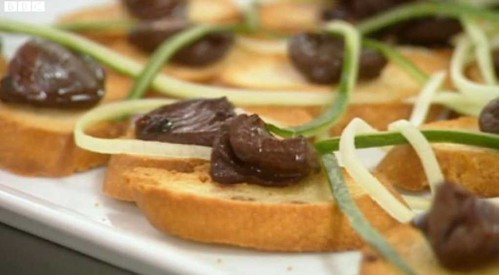 Duck hearts on toast - one of Alex's dishes in the MasterChef Final (copyright BBC/SHINE)