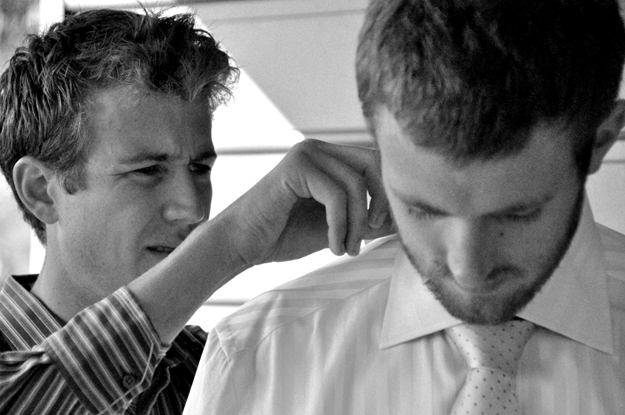 Cam helping with Andrews collar b&w