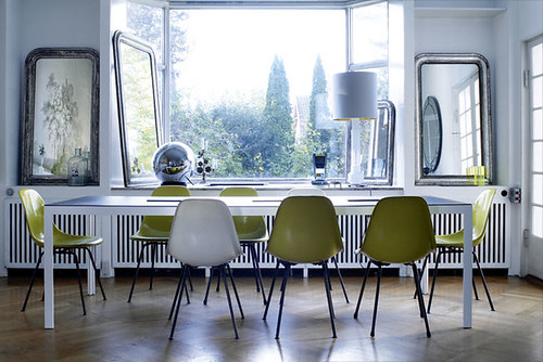 green Eames dining chairs by A Merry Mishap blog.