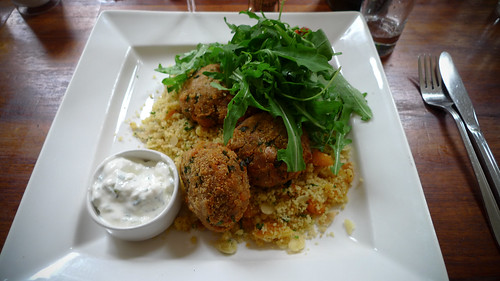 Spiced Chickpea and Harrisa Fritters with Almond Apricot Cous Cous