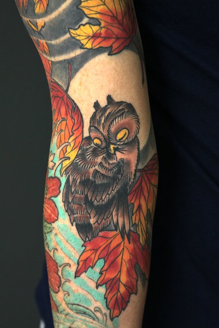 Jason Schroder, tattoo, owl, oak leaves tattoo. owl tattoo, Japanese style 