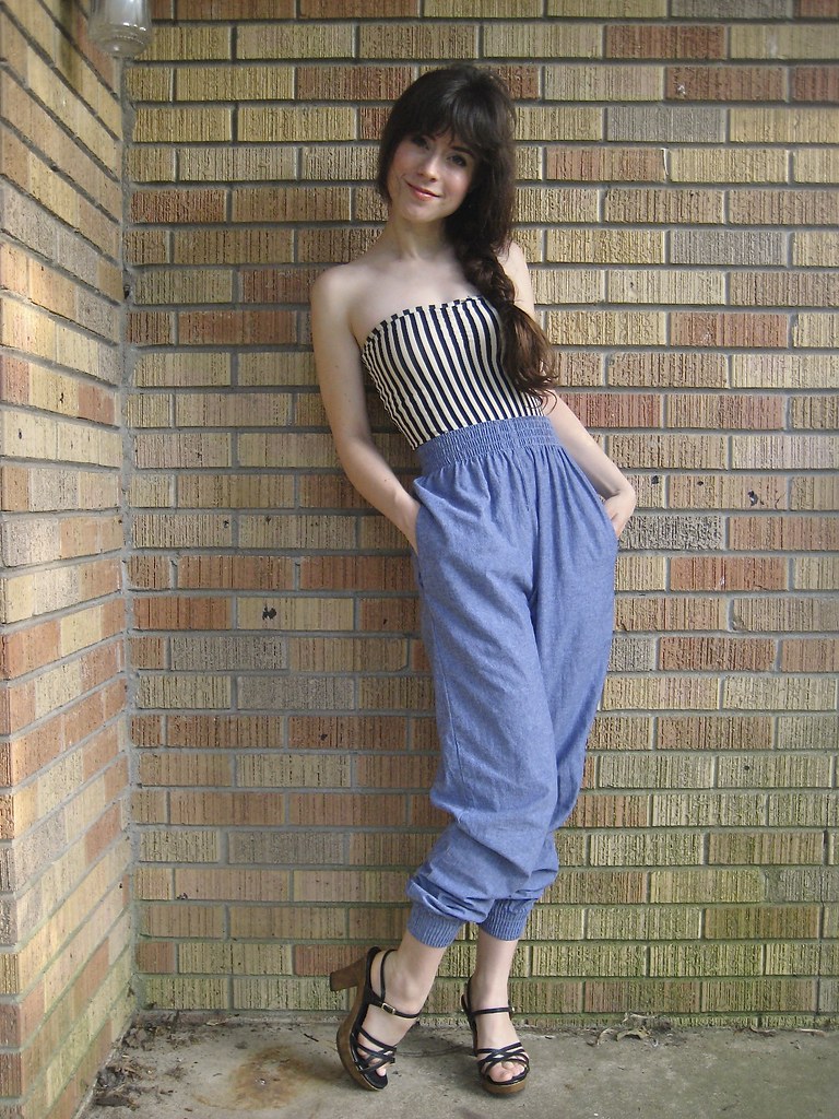 american apparel head to toe. striped bodysuit, chambray harem pants