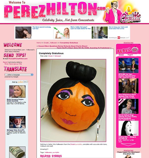 My Snooki pumpkin featured on Perez Hilton
