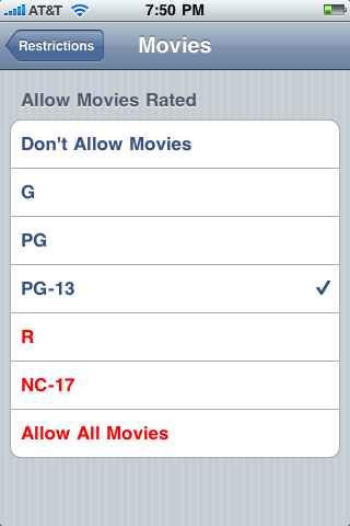 iPhone Parental Controls: Allow Movies rated PG-13 and lower