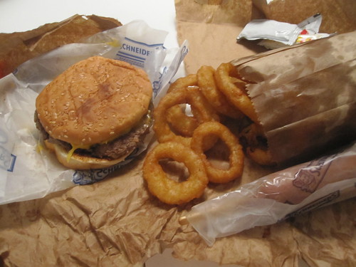 Cheeseburger, onion rings, pogo, heartburn - $7 from Pataterie