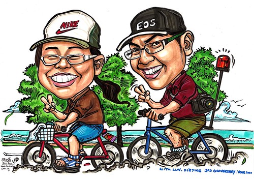 Couple caricatures cycling @ East Coast Park A3