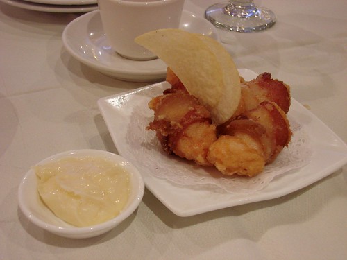 Fried Shrimp Wrapped in Bacon Topped with Pringles and Mayo