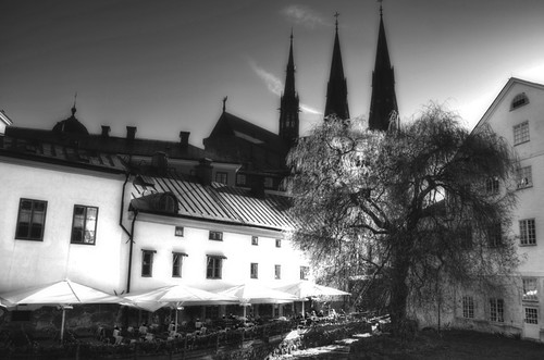 Uppsala. La catedral desde el río. B&W.
