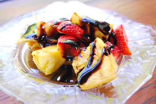 dessert: grilled pineapple and strawberries drizzled in a balsamic glaze 