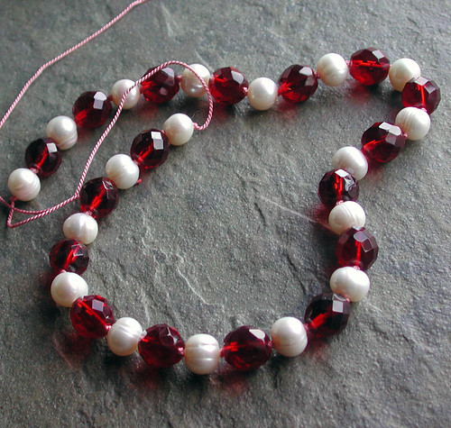 jewelry necklaceFreshwater Pearl and Burgundy Glass Knotted Necklace