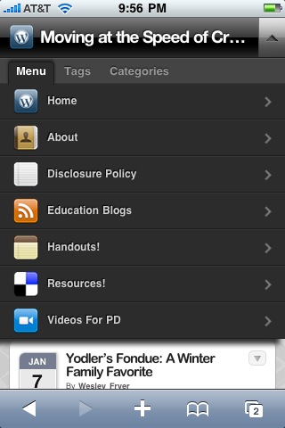 My blog menu running the WPtouch plug-in