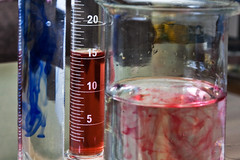 Red and blue liquids inside graduated test tubes