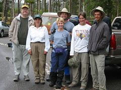 The happy group about to depart for Lone Star Geyser.  Left to right:  Geyser Gary (me), Tonya (greywolf), Tim A. (behind), Betsy, Leslie and Jake (Jakeman).  Check out that salt ring on Leslie's hat.