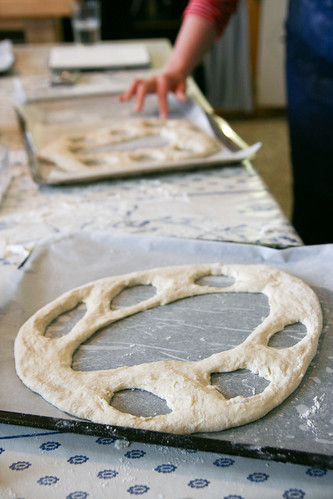 Making Fougasse: Cutting slits in the dough