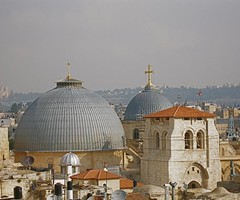 Domes and cropped bell tower of Church of the Holy Sepulchre (Seetheholyland.net)