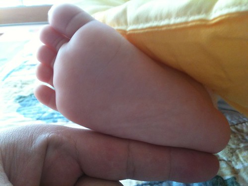 아이 발과 아빠 검지는 10cm.