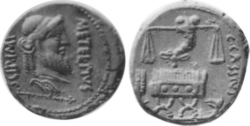 460/2 Plated denarius of Metellus Scipio and Publius Crassus but with reverse legend C.CASSIVS in place of CRASS.IVN