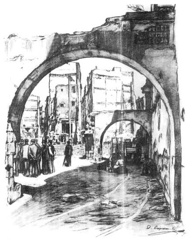 Dibuix de Dionis Baixeras que mostra els enderrocs per a la construcció de la Via Laietana (font: Arxiu Històric de la Ciutat)