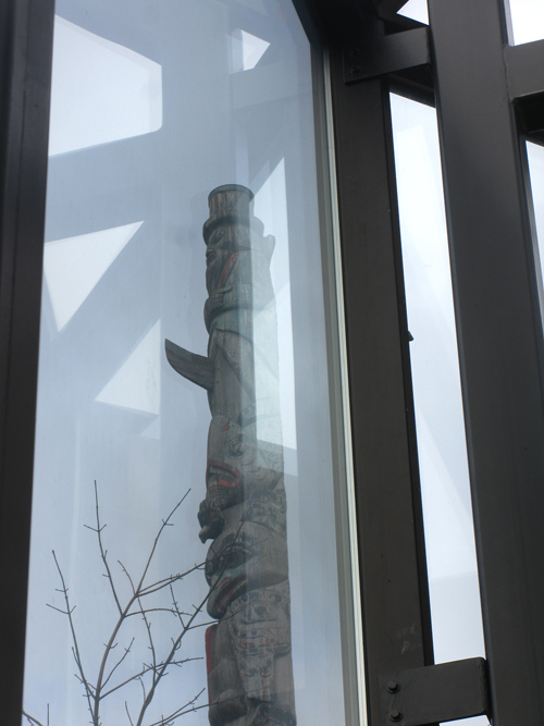 Nathan Jackson totem pole seen through window, Juneau, Alaska