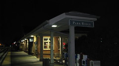 Night time at the Park Ridge Metra commuter rail station. Park Ridge Illinois. February 2010.