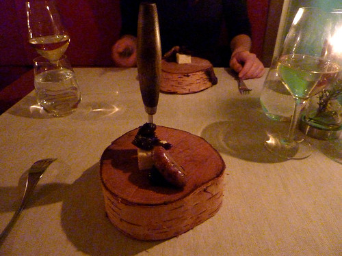Goats cheese from Lillängen with prunes infused in birch tree wine with duck sausage