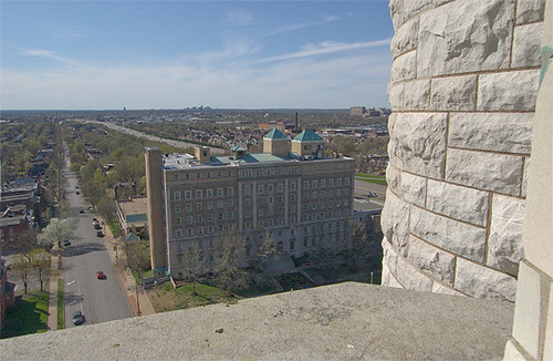 Compton Hill Water Tower, in Saint Louis, Missouri, USA - view of hospital