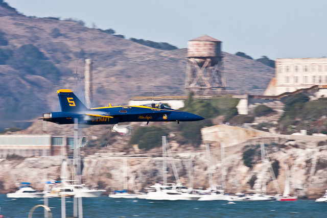 Blue Angels Transonic Sneak Pass in front of Alcatraz at SF Fleet Week 2010