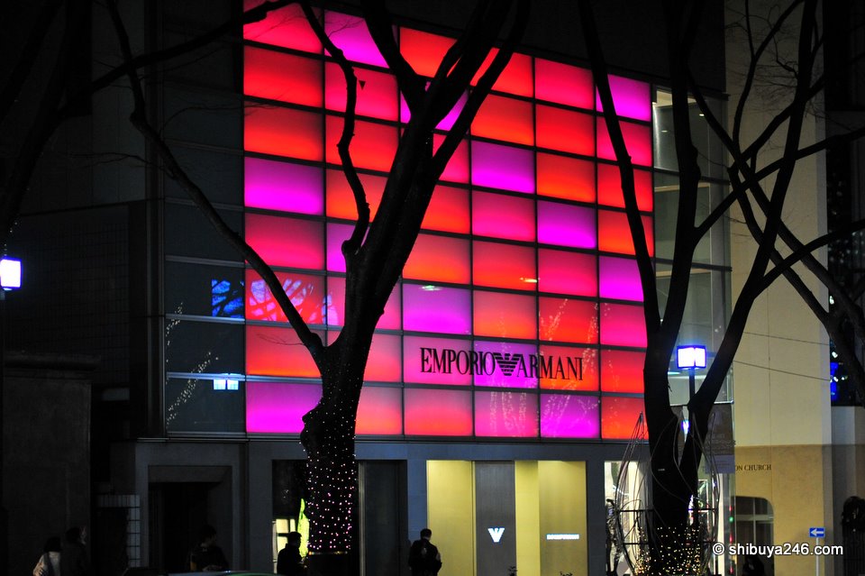 Emporio Armani with a nice pink, red glow at night.