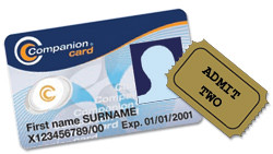 picture of Australian companion card sample, next to an ADMIT TWO ticket