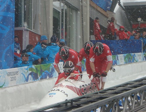 Day 15 of Vancouver 2010 Olympic Games: Pierre Lueder's Canada 2 at Start of 4-Man Bobsleigh