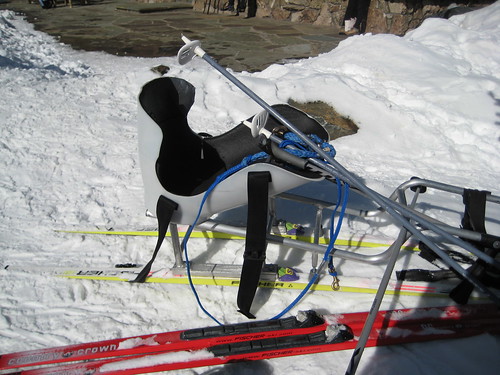 Sit-ski, poles, tether