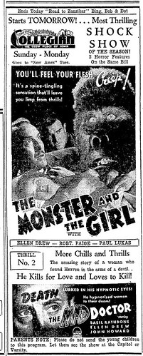 THE MONSTER AND THE GIRL (1941) Newspaper advertisement 05-3-41