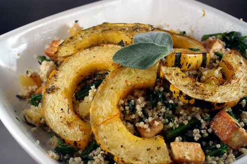 Warm Millet Salad with Delicata Squash, Crispy Tofu and Spinach 