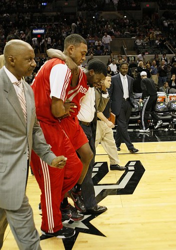 November 6th, 2010 - Rockets point guard Aaron Brooks is carried off the court after severely spraining his ankle before halftime