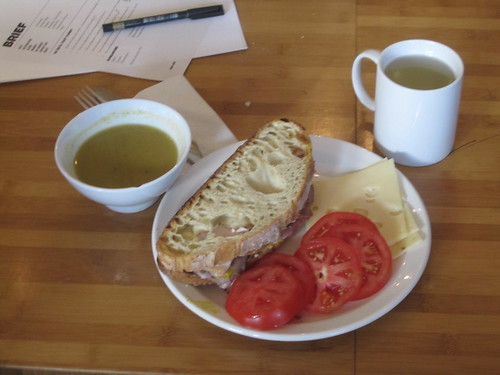 Soup, sandwich, tomatoes, cheese, lemonade - $6