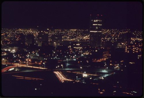Looking Into the Downtown Core Area of Portland, From the West Hills, the 43-Story First National Bank Building Shows Lights on Only a Few Floors at 8 P.M. During the State's Energy Crisis in the Fall of 1973 11/1973