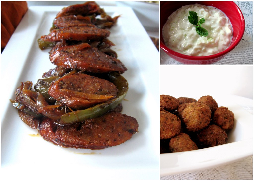 Mezze collage - Spicy sausage, falafel, Tzatziki
