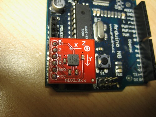 [The accelerometer inserted onto analog pins 0 – 5 on the Arduino NG.]