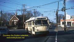 Detroit Department of Street Railways electric trolley bus # 9137 at Schaefer and Grand Riverin November of 1961.